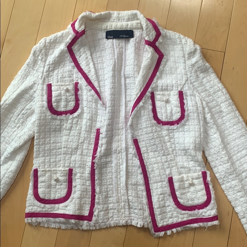 Les Copains small white tweed jacket w/pink trim